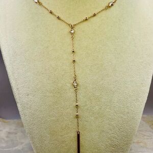 Rose Gold Tone Y Drop Lariat Necklace with Crystal Bead Stations. 28 inches long